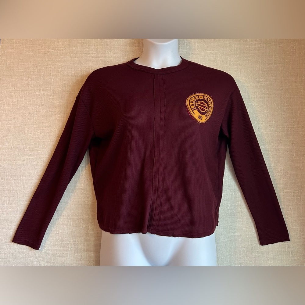 HARLEY DAVIDSON Womens Long Sleeve Thermal Open Back Top Maroon Small